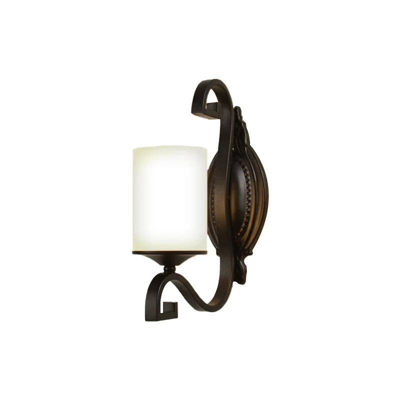 Zwarte cilindrische wandlamp Sconce vintage stijl metalen 1-lichts studeerwandlamp met witte glazen kap Clearhalo