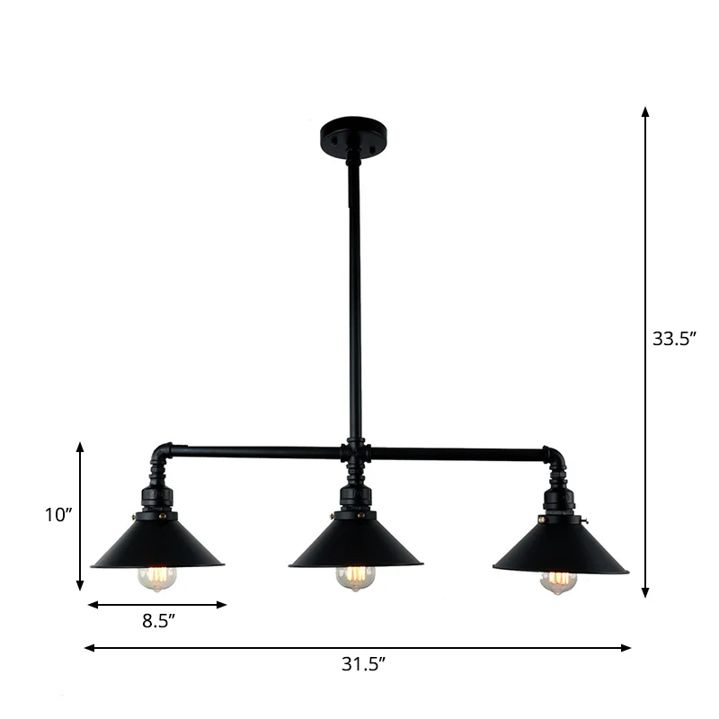Zwarte conische eilandverlichting boerderijstijl 3 lampen Metallic eilandplafondlamp voor eetkamer Clearhalo