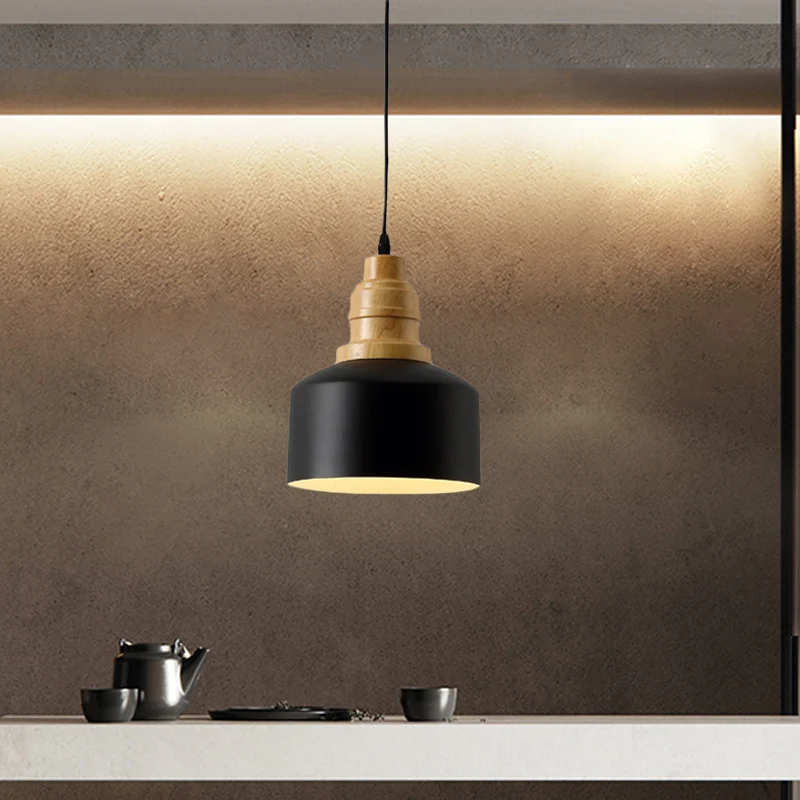 Zwarte Drum Hangende Verlichting Moderne Scandinavische 1 Lamp Ijzeren Hangende Plafondlamp met Houten Blad Clearhalo