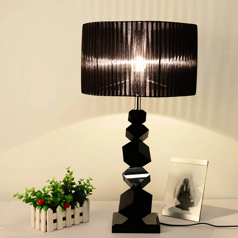 Zwarte Drum Nachtkastje Lamp Moderne 12"/13" W Tafellamp van enkele geplooide stof met stenen voetstuk Clearhalo