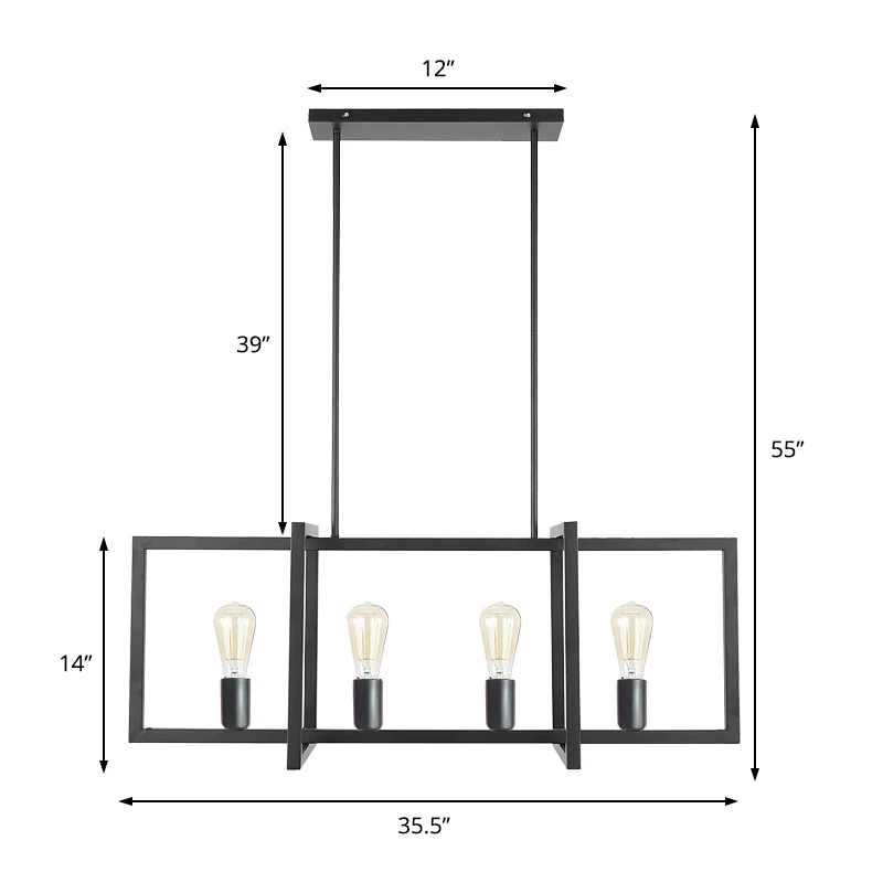 Zwarte eilandhanger met 4 koppen industriële metalen rechthoek hangende plafondlamp voor woonkamer Clearhalo