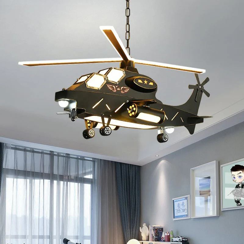 Zwarte helikopter LED-plafondverlichting Kindermetalen kroonluchterlamp voor slaapkamer Clearhalo