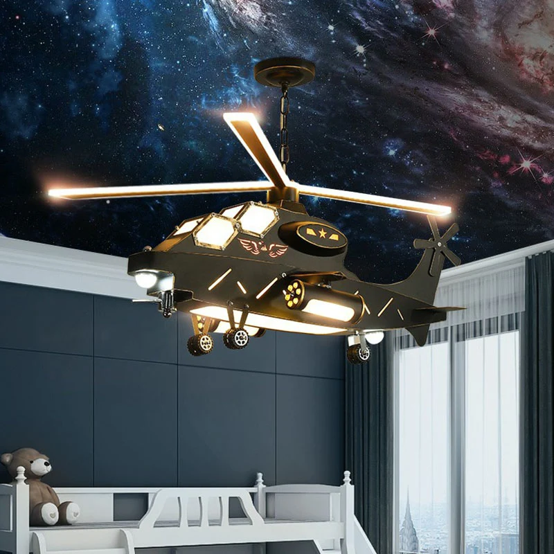 Zwarte helikopter LED-plafondverlichting Kindermetalen kroonluchterlamp voor slaapkamer Clearhalo