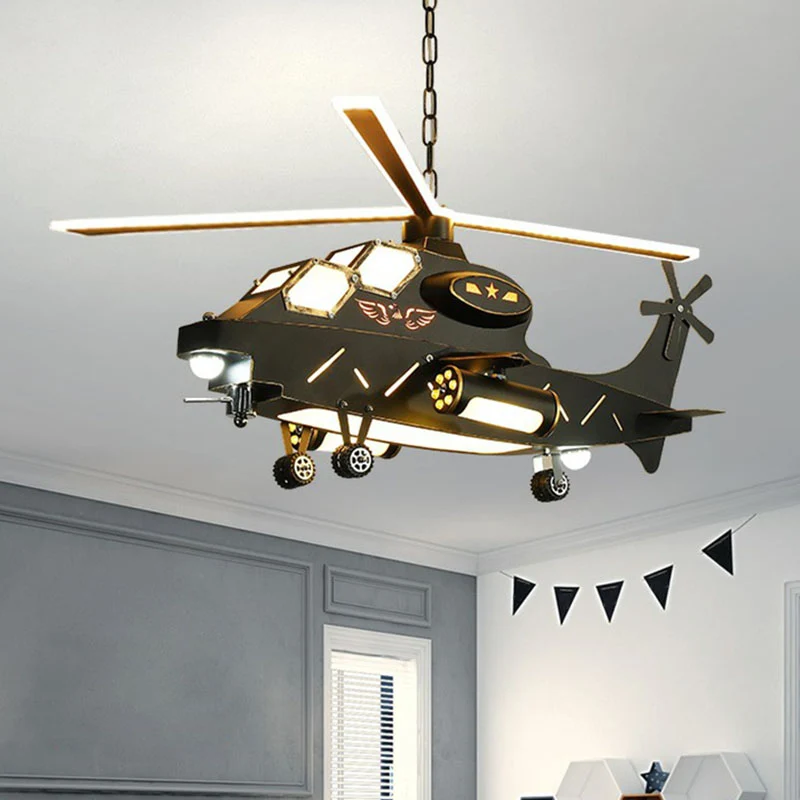 Zwarte helikopter LED-plafondverlichting Kindermetalen kroonluchterlamp voor slaapkamer Clearhalo