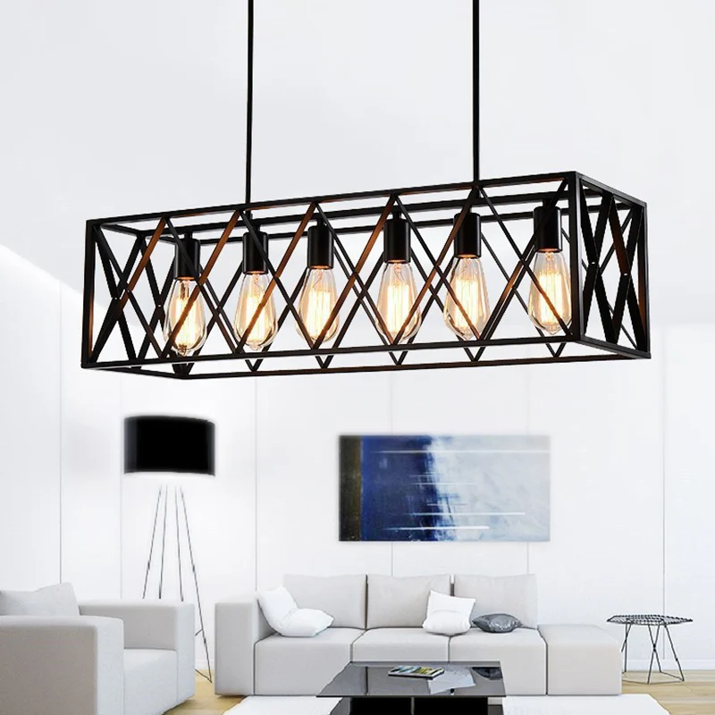 Zwarte industriële eilandhangende verlichting, kruis ingelijste doos, ijzeren eilandplafondlamp voor eettafel Clearhalo