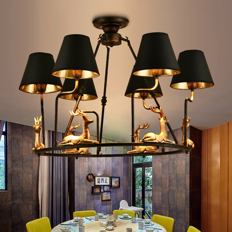 Zwarte kegel hanger kroonluchter boerderij stof 6/8 hoofden eetkamer hangende plafondlamp met hertenelement Clearhalo
