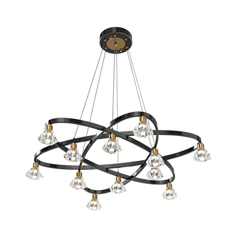 Zwarte kroonluchterlamp met 12 lampen, moderne metalen sterhanglamp met diamantheldere kristallen kap Clearhalo