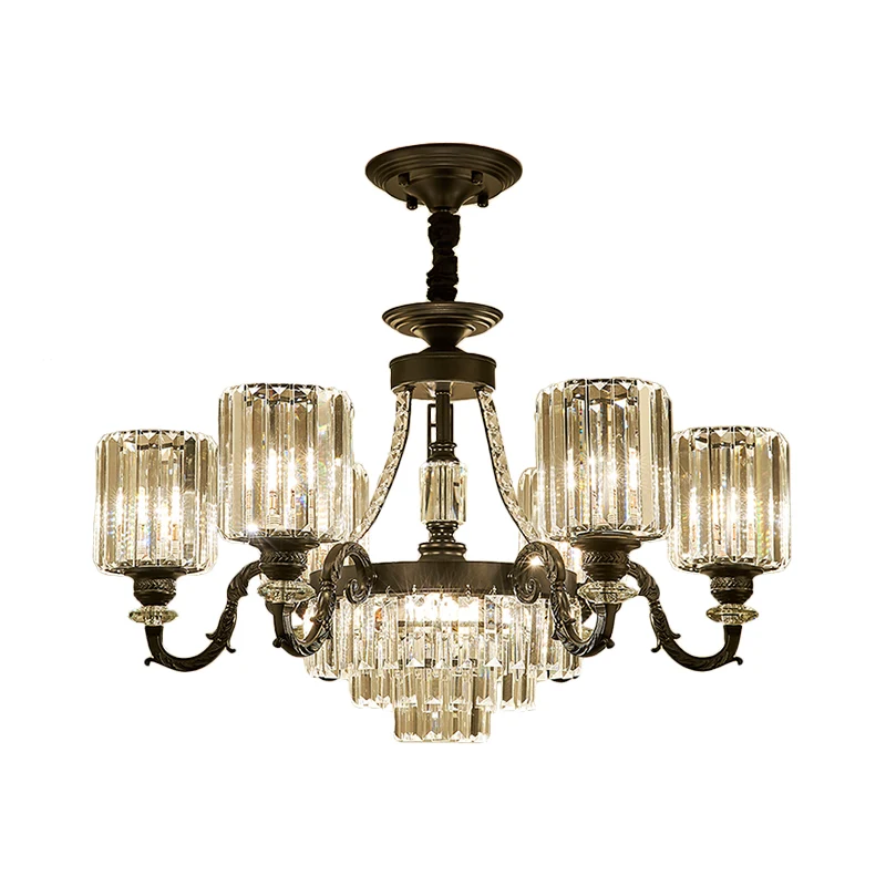 Zwarte 3/6 lampen hangende kroonluchter traditionele kristallen blok trommel plafondlamp Clearhalo