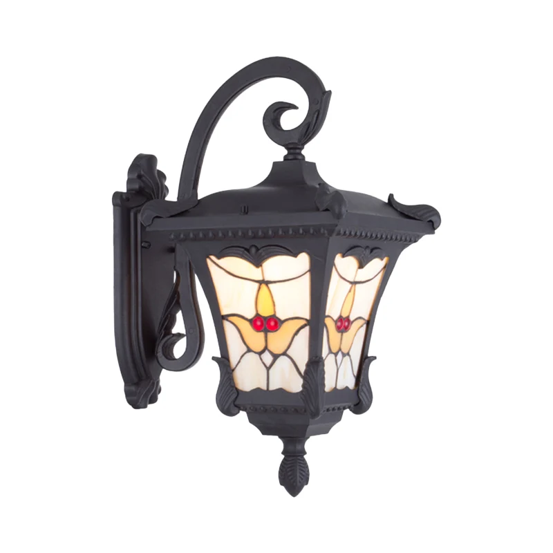 Zwarte Lantaarn Wandkandelaar Vintage Metallic 1-lamps Patio Bloemmotief Wandmontage Lichtarmatuur Clearhalo