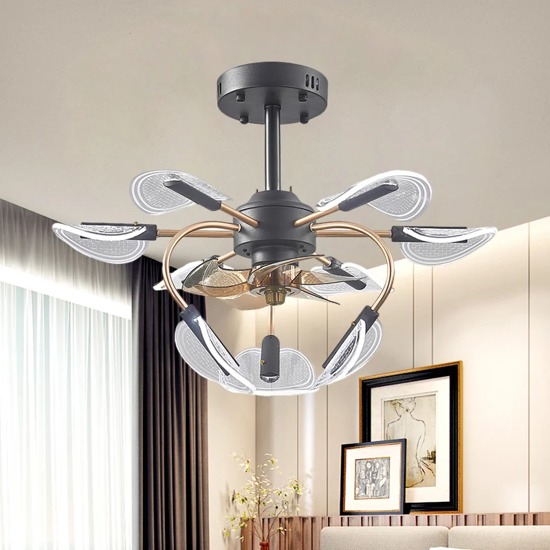 Zwarte lisdoddebladventilatorlamp Hedendaags 9-kops acryl 4-blads semi-inbouwlamp, 27,5" breed Clearhalo