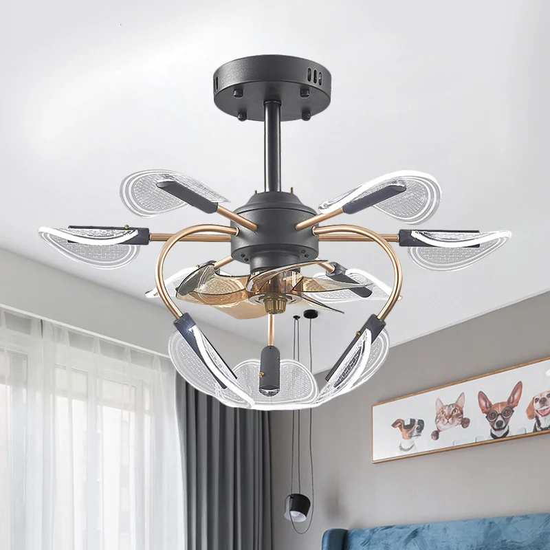Zwarte lisdoddebladventilatorlamp Hedendaags 9-kops acryl 4-blads semi-inbouwlamp, 27,5" breed Clearhalo