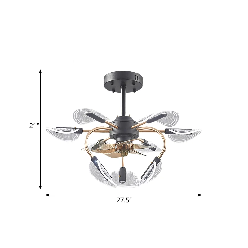 Zwarte lisdoddebladventilatorlamp Hedendaags 9-kops acryl 4-blads semi-inbouwlamp, 27,5" breed Clearhalo