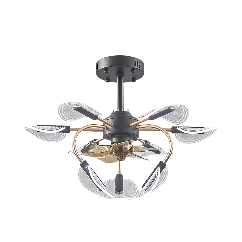 Zwarte lisdoddebladventilatorlamp Hedendaags 9-kops acryl 4-blads semi-inbouwlamp, 27,5" breed Clearhalo