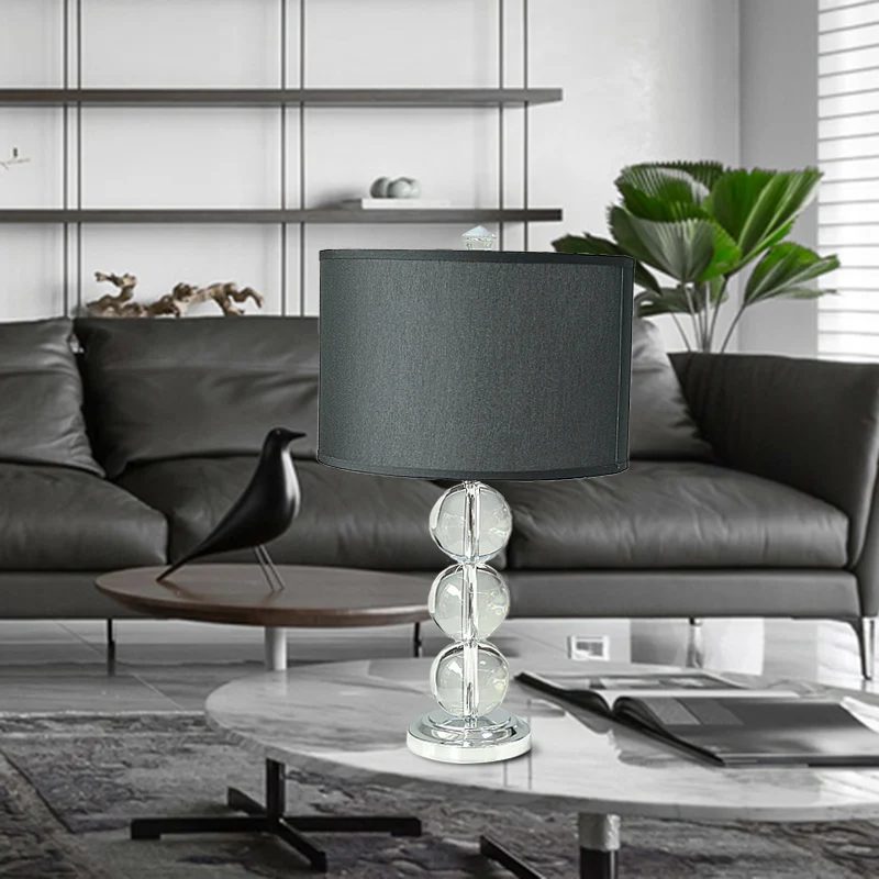 Zwarte nachtkastjelamp met enkele lamp, rustieke stoffen trommeltafellamp met kristallen bol-deco Clearhalo