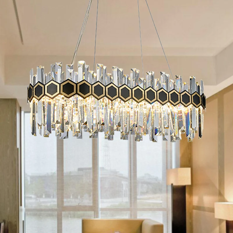 Zwarte ovale kroonluchter verlichting traditionele driezijdige kristallen staaf 12 kop eetkamer hangende plafondlamp Clear...