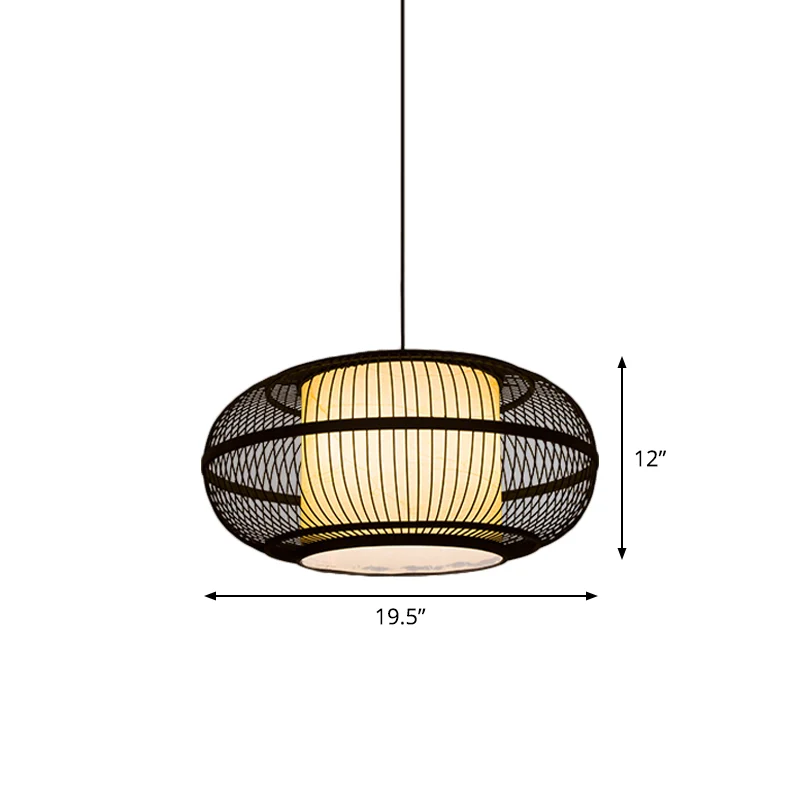 Zwarte ovale plafondhangende lantaarn Chinese 1-lamps bamboe hanglamp met oude stadsprint aan de rivier, 19,5"/23,5" W Cle...