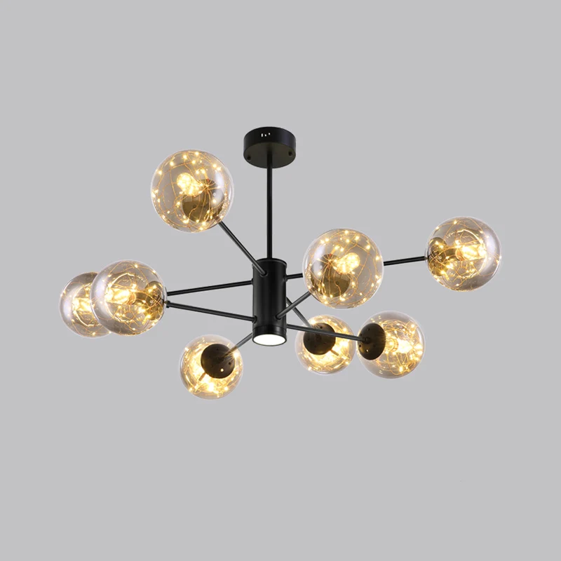 Zwarte radiale kroonluchter hanglamp, moderne metalen LED-hanglamp met bolvormige helderglazen kap Clearhalo
