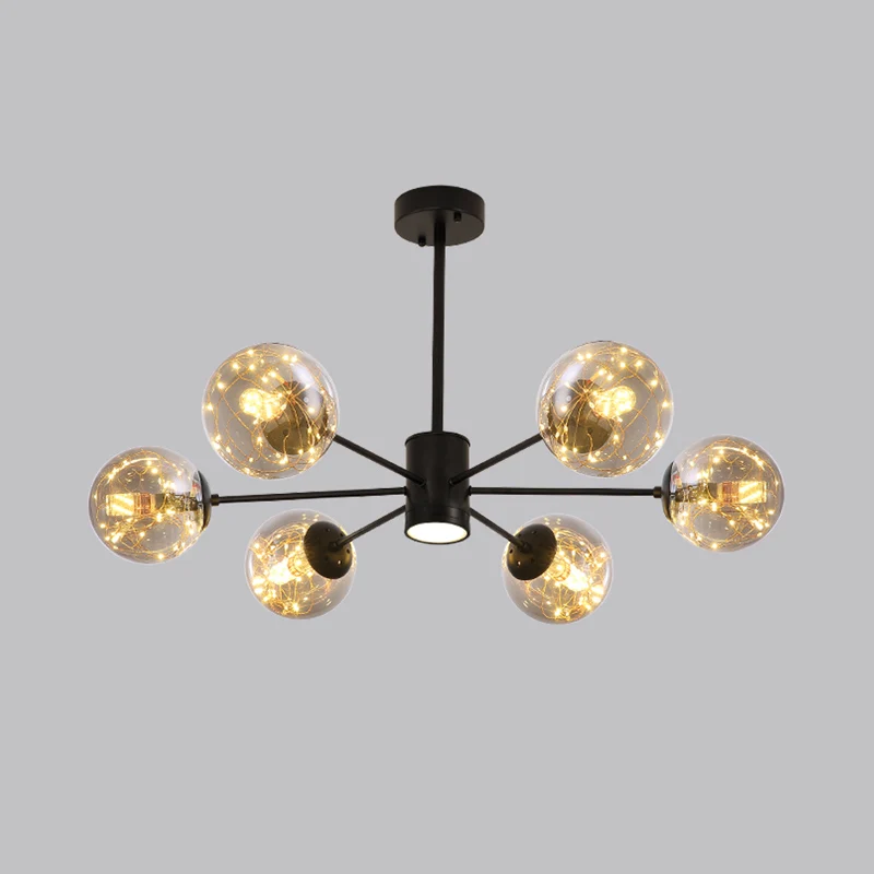 Zwarte radiale kroonluchter hanglamp, moderne metalen LED-hanglamp met bolvormige helderglazen kap Clearhalo