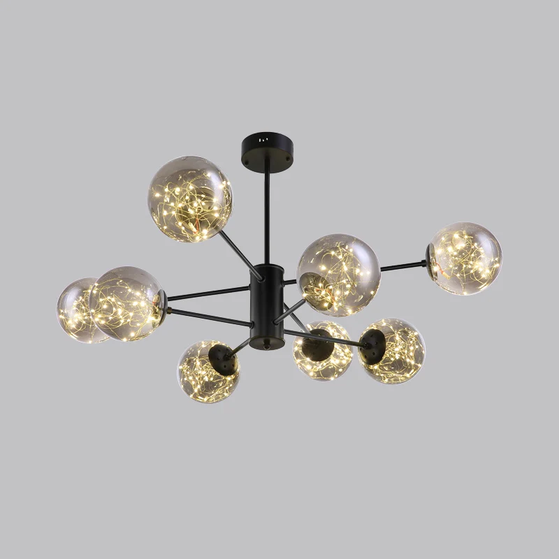Zwarte radiale kroonluchter hanglamp, moderne metalen LED-hanglamp met bolvormige helderglazen kap Clearhalo