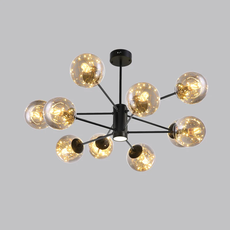 Zwarte radiale kroonluchter hanglamp, moderne metalen LED-hanglamp met bolvormige helderglazen kap Clearhalo