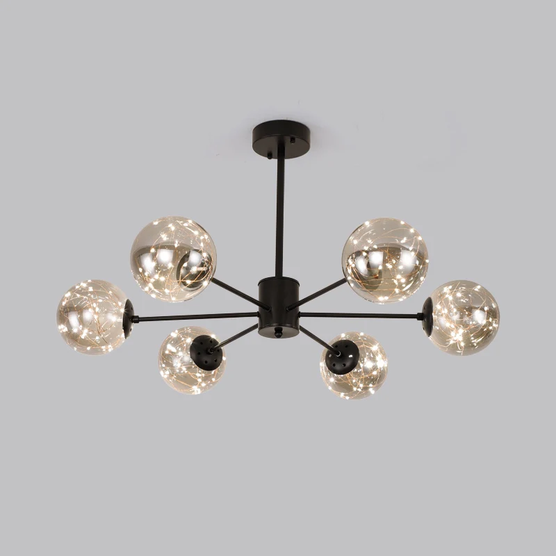 Zwarte radiale kroonluchter hanglamp, moderne metalen LED-hanglamp met bolvormige helderglazen kap Clearhalo