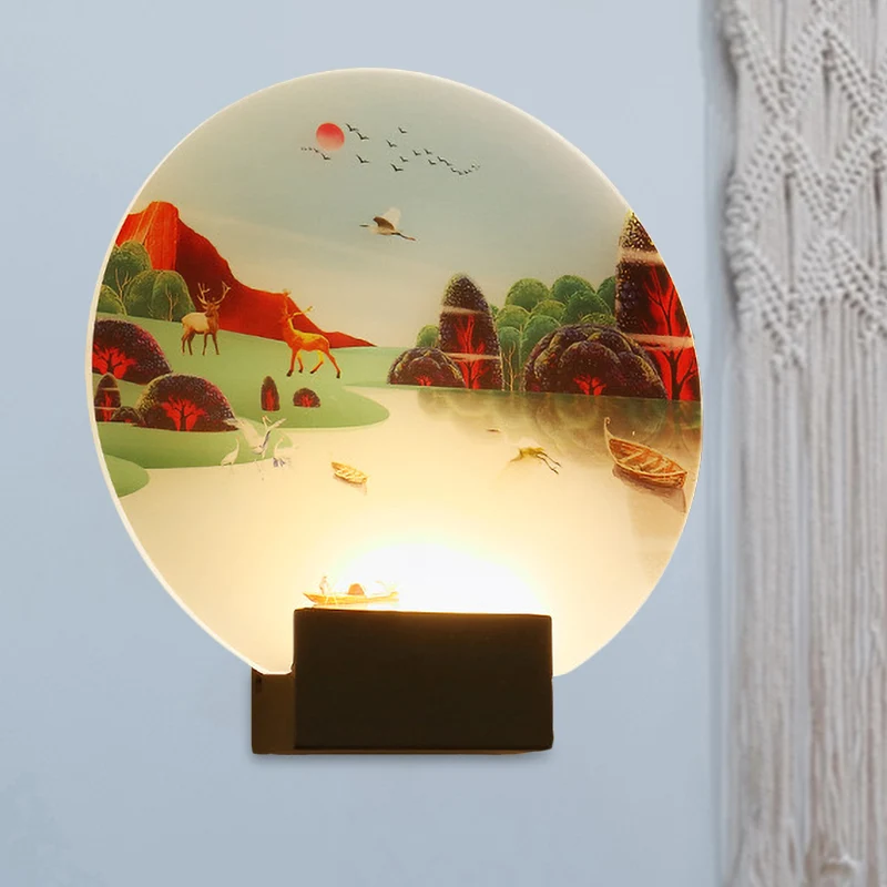 Zwarte ronde elanden- en meermuurschilderlamp Chinese stijl LED-acryl wandgemonteerde lichtarmatuur Clearhalo