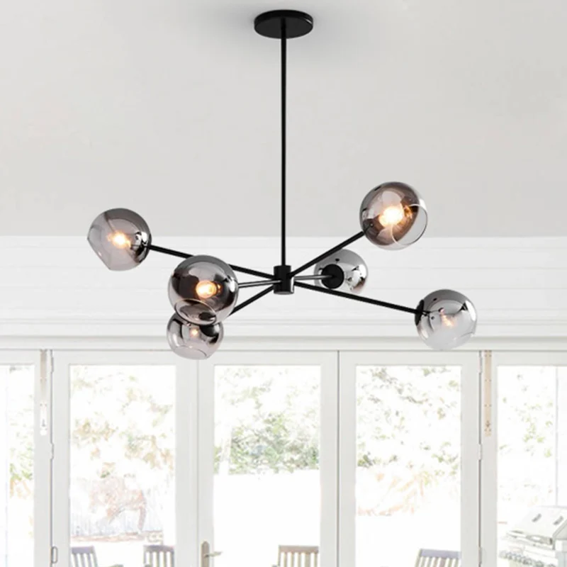 Zwarte ronde hangende kroonluchter modernisme 6-kops grijze glazen hangende plafondlamp met Starburst-ontwerp Clearhalo