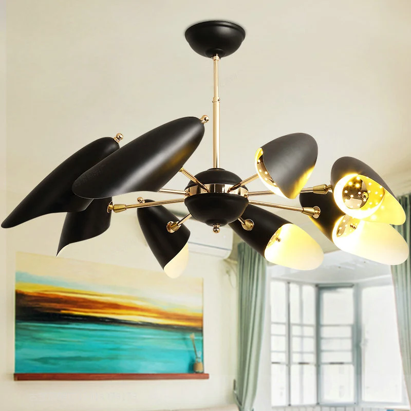 Zwarte schuin gesneden hangende kroonluchter modernisme 8 lampen ijzeren plafond hanglamp voor woonkamer Clearhalo