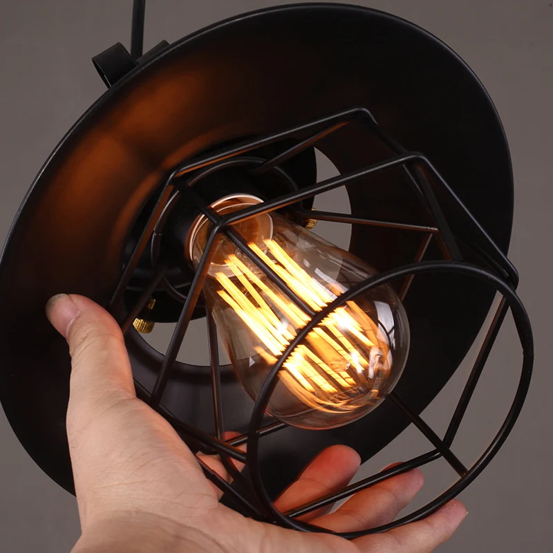 Zwarte smeedijzeren hanglamp met kooi, industriële stijl, 1-lichts hangende plafondlamp met verstelbaar snoer van 90 cm Cl...