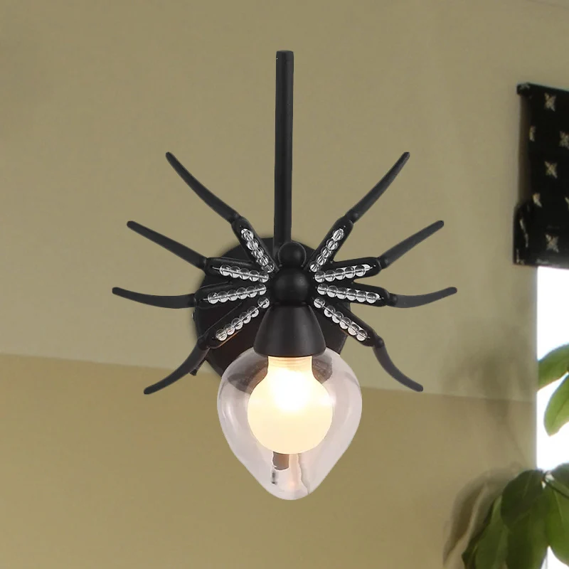 Zwarte Spider Sconce Lighting Rustic Lodge metalen mini-wandlamp met helderglazen kap Clearhalo