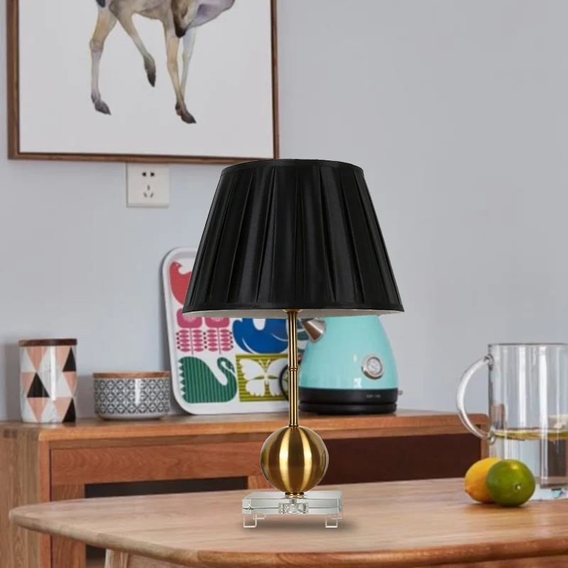 Zwarte stoffen tafellamp, enkele lichte plattelandsnachtlamp zwart voor slaapkamer met kristallen voet Clearhalo