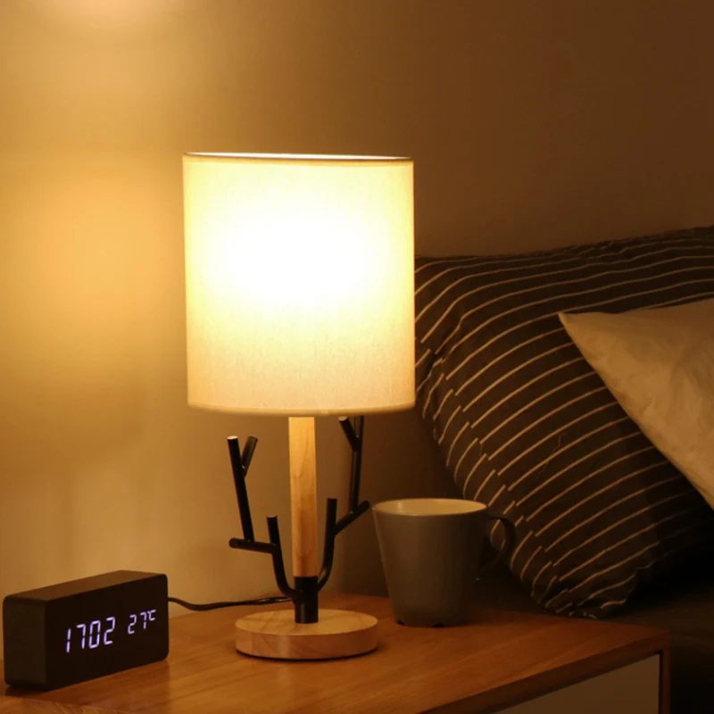 Zwarte Tak Nachttafellamp Moderne 1 Kops Houten Leeslamp voor Slaapkamer met Cilinderstof Clearhalo