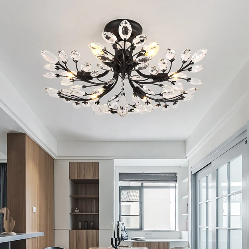 Zwarte tak semi-inbouwlamp met Crystal Leaf moderne 6/8/10 lampen metalen plafondarmatuur Clearhalo