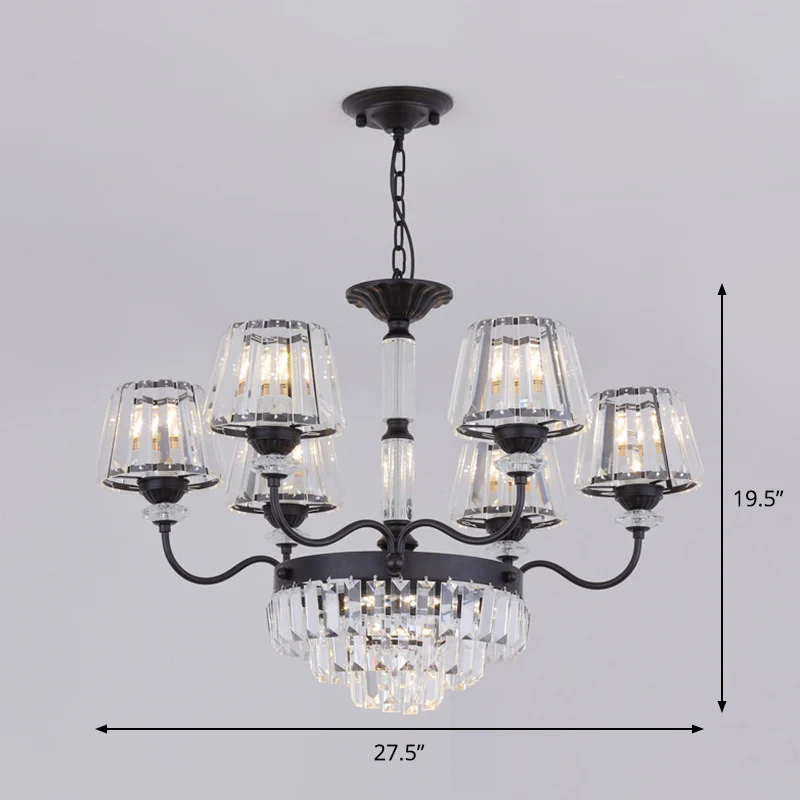 Zwarte trapsgewijze verlichting Eenvoud 6-lichts kristallen blokkroonluchterlamp met conische kap Clearhalo