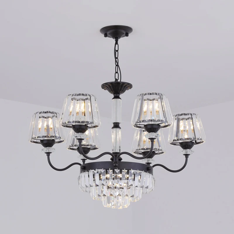 Zwarte trapsgewijze verlichting Eenvoud 6-lichts kristallen blokkroonluchterlamp met conische kap Clearhalo
