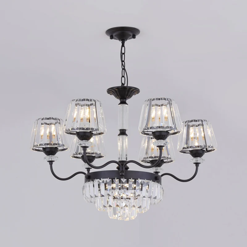 Zwarte trapsgewijze verlichting Eenvoud 6-lichts kristallen blokkroonluchterlamp met conische kap Clearhalo