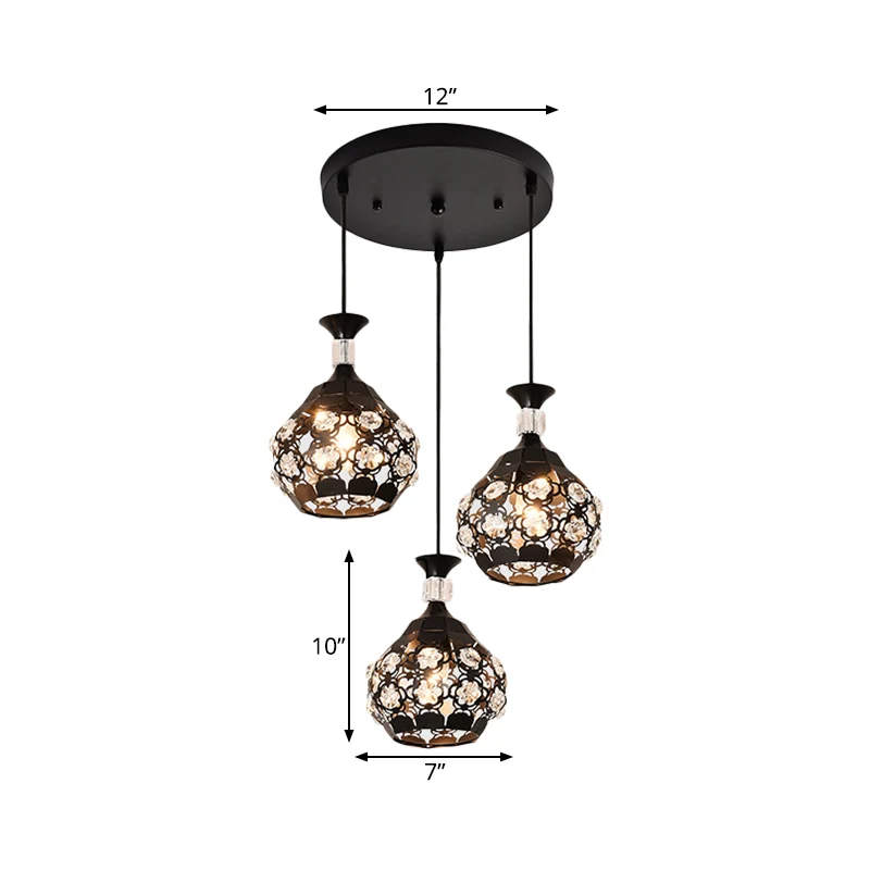 Zwarte uitgeholde Floret multi-hanger modernisme 3-lichts kristallen ingebedde hanglamp Clearhalo