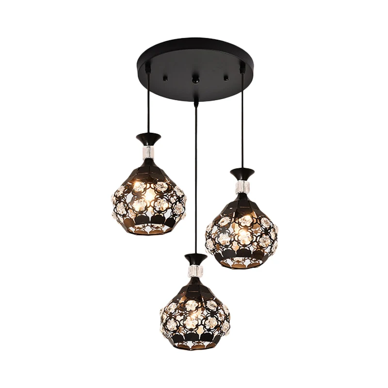 Zwarte uitgeholde Floret multi-hanger modernisme 3-lichts kristallen ingebedde hanglamp Clearhalo