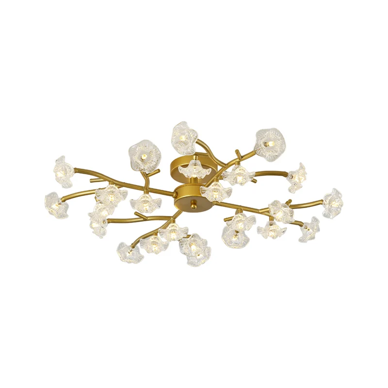 Zwart/gouden bloemtak verzonken kroonluchter modernistische 24-lamps transparant glas semi-inbouw plafondlamp Clearhalo
