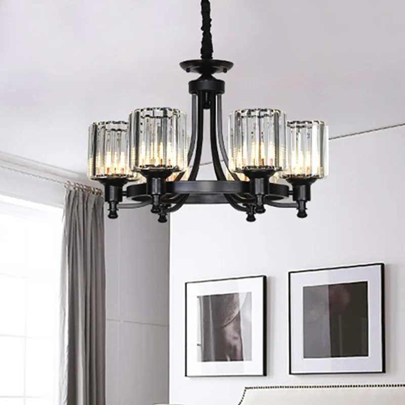 Zwart/Gouden Kroonluchterlamp Vintage Stijlvol Kristal en Metaal 3/6 Koppen Hangende Verlichting met Cilinderkap Clearhalo