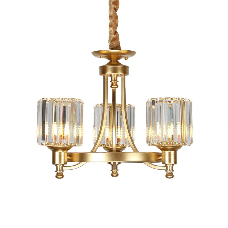Zwart/Gouden Kroonluchterlamp Vintage Stijlvol Kristal en Metaal 3/6 Koppen Hangende Verlichting met Cilinderkap Clearhalo