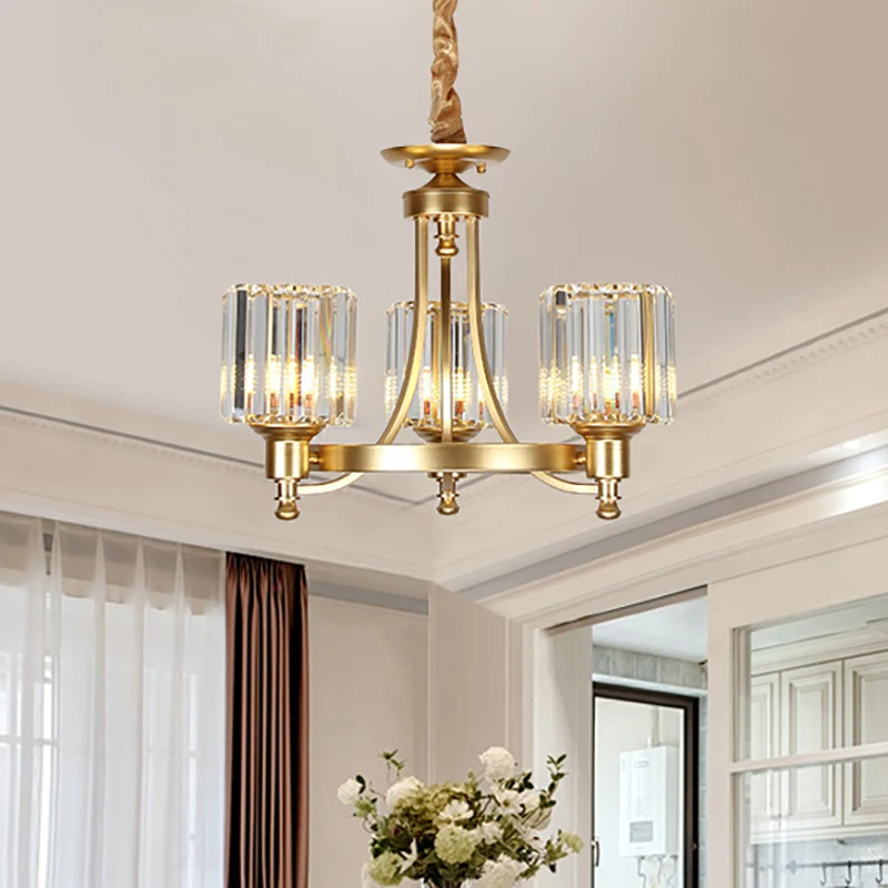 Zwart/Gouden Kroonluchterlamp Vintage Stijlvol Kristal en Metaal 3/6 Koppen Hangende Verlichting met Cilinderkap Clearhalo