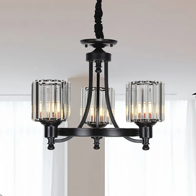 Zwart/Gouden Kroonluchterlamp Vintage Stijlvol Kristal en Metaal 3/6 Koppen Hangende Verlichting met Cilinderkap Clearhalo