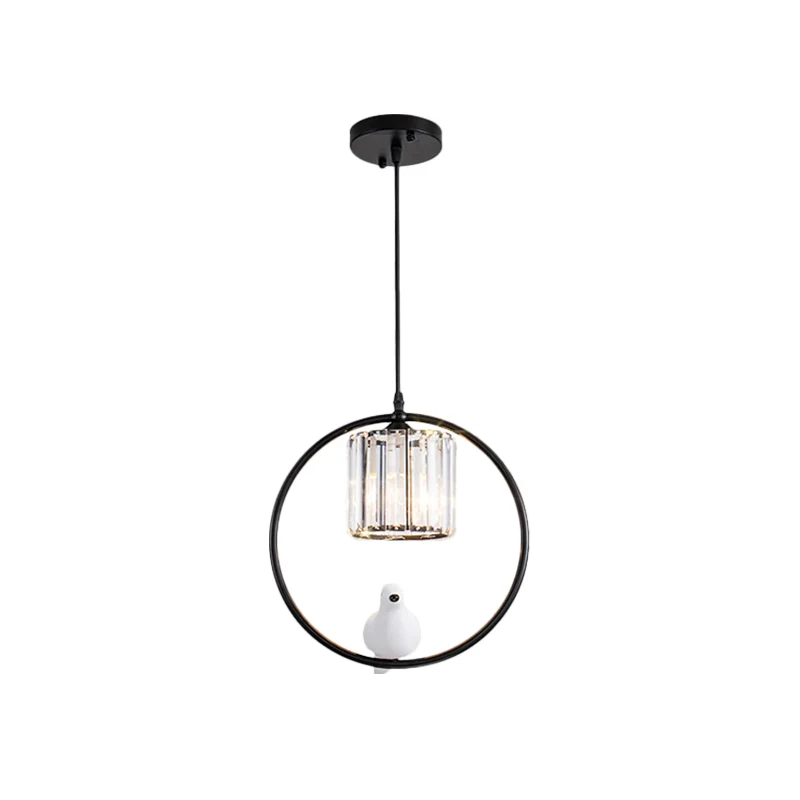 Zwart/gouden slingerlamp modern ijzer 1 kop woonkamerhanger met vogel en cilinderkristallen kap Clearhalo