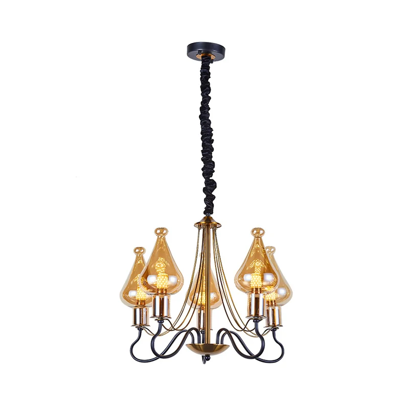 Zwart-gouden traanvormige kroonluchter lantaarnpaal moderne 5/8 lampen amberkleurige glazen ophangverlichting voor eetkame...