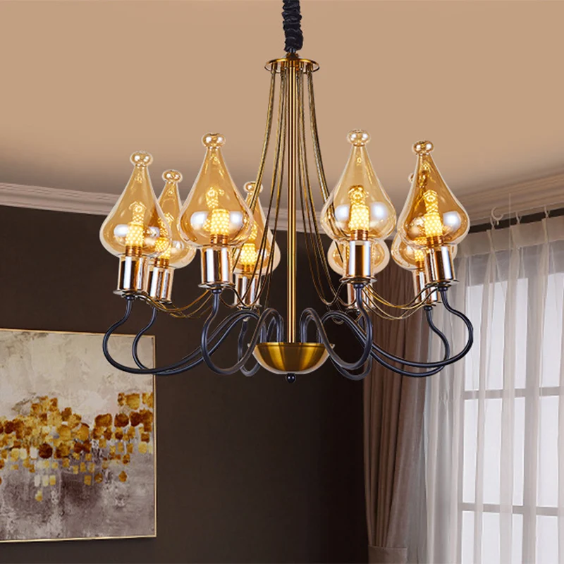 Zwart-gouden traanvormige kroonluchter lantaarnpaal moderne 5/8 lampen amberkleurige glazen ophangverlichting voor eetkame...