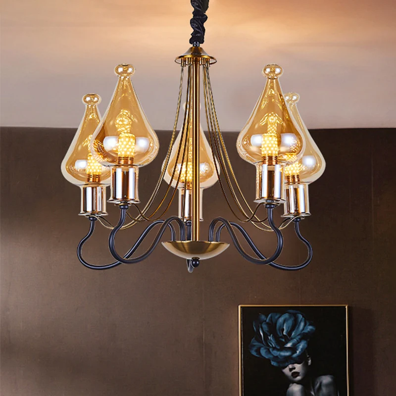 Zwart-gouden traanvormige kroonluchter lantaarnpaal moderne 5/8 lampen amberkleurige glazen ophangverlichting voor eetkame...