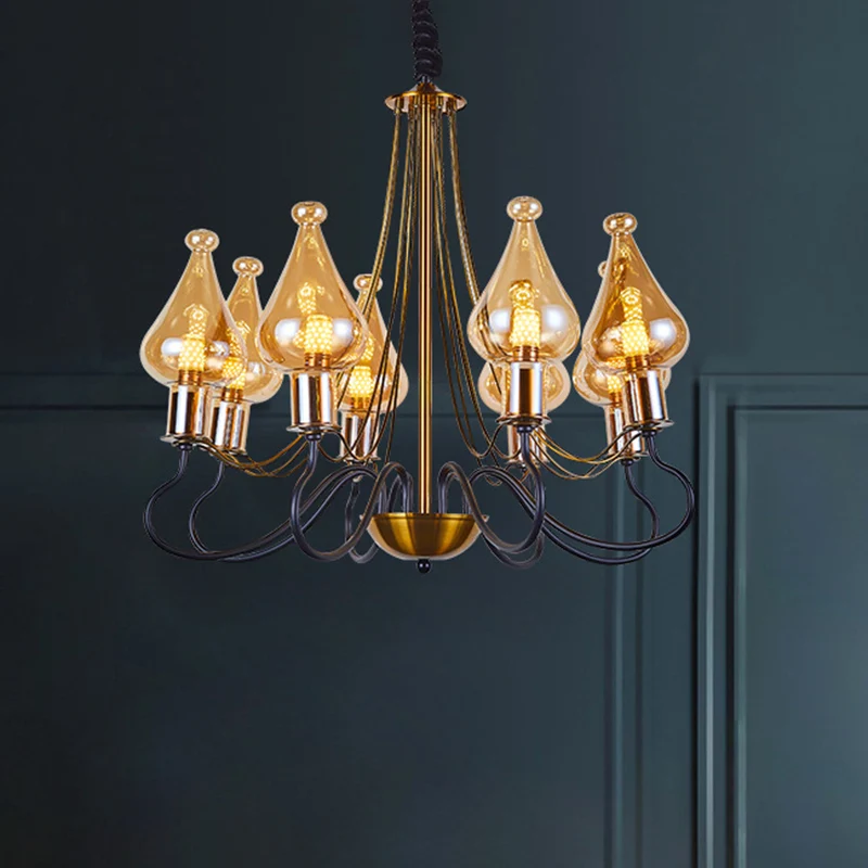 Zwart-gouden traanvormige kroonluchter lantaarnpaal moderne 5/8 lampen amberkleurige glazen ophangverlichting voor eetkame...