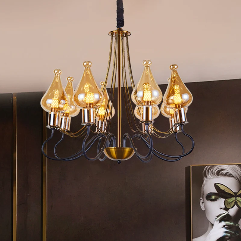 Zwart-gouden traanvormige kroonluchter lantaarnpaal moderne 5/8 lampen amberkleurige glazen ophangverlichting voor eetkame...