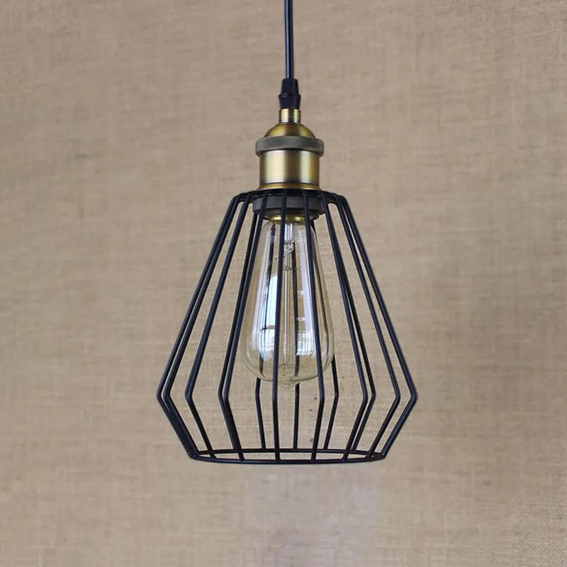 Zwart/messing 1 lamp plafondverlichting magazijnstijl metalen draadkooi schaduw hanglamp voor eettafel Clearhalo